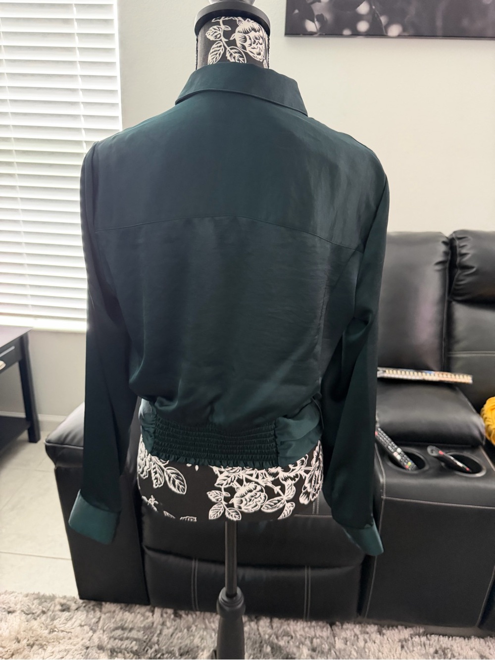Express Dark Green Satin Button-Down Wrap Blouse - Picture 2 of 5